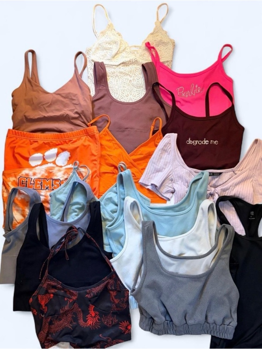 Mixed Tank Top Lot in Orange, Pink, Brown, Blue, Gray Bundle (14 Tops Total)